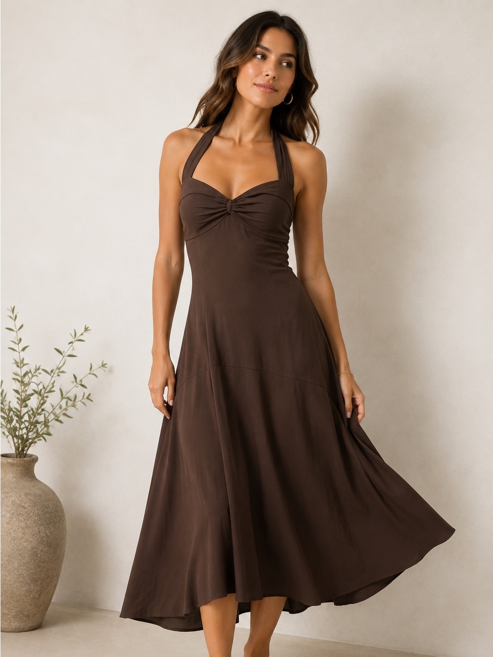 Three Dots Chocolate Brown Halter Dress